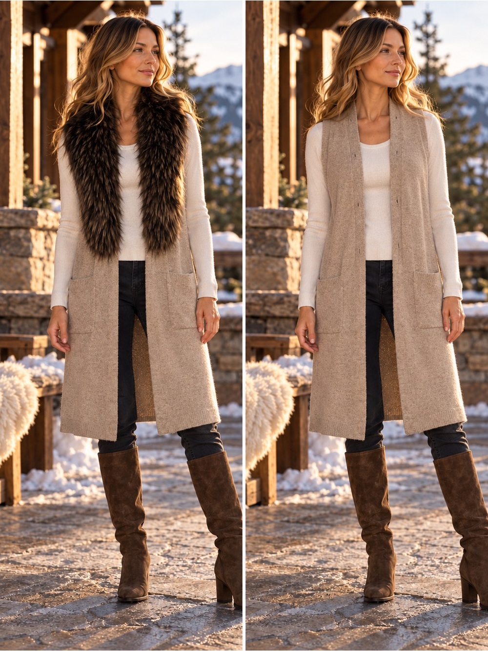 27 Miles Malibu tan cashmere sweater vest with removable faux fur collar